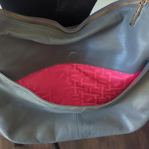 Gray Soft Leather Hobo Bag with Red Lining - Picture 5 of 11